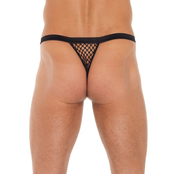 Mens Black G-String With Black Net Pouch