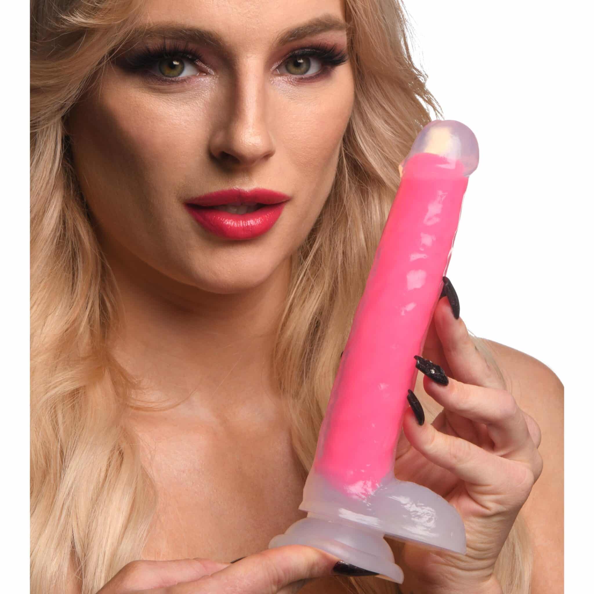 7 Inch Glow-in-the-Dark Silicone Dildo with Balls - Pink-4