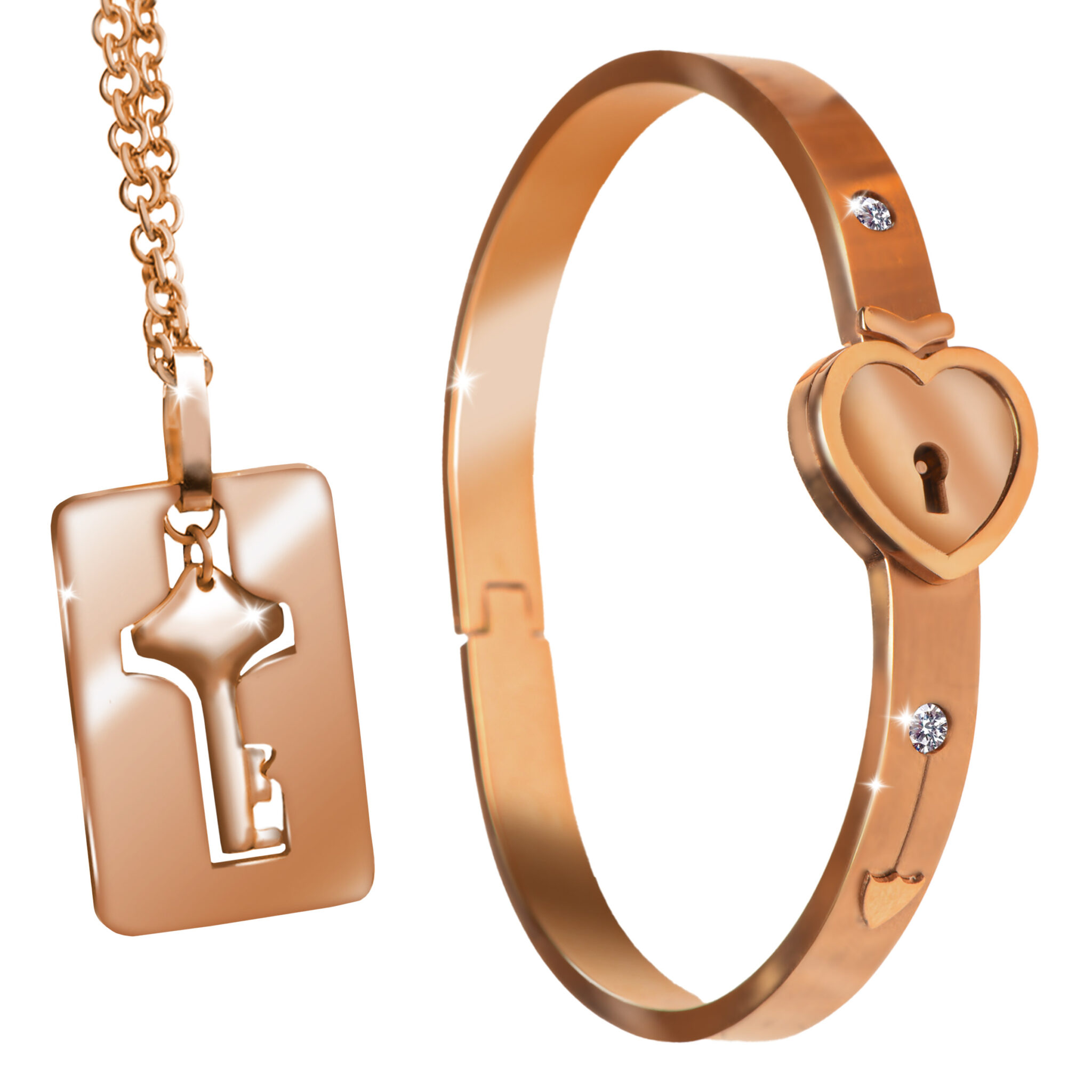 Cuffed Locking Bracelet and Key Necklace - Rose Gold-9